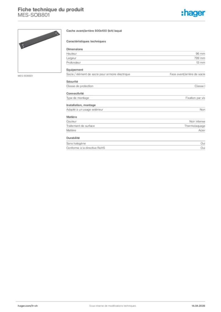 Image Hager Fiche technique du produit MES-SOB801 | Hager Suisse