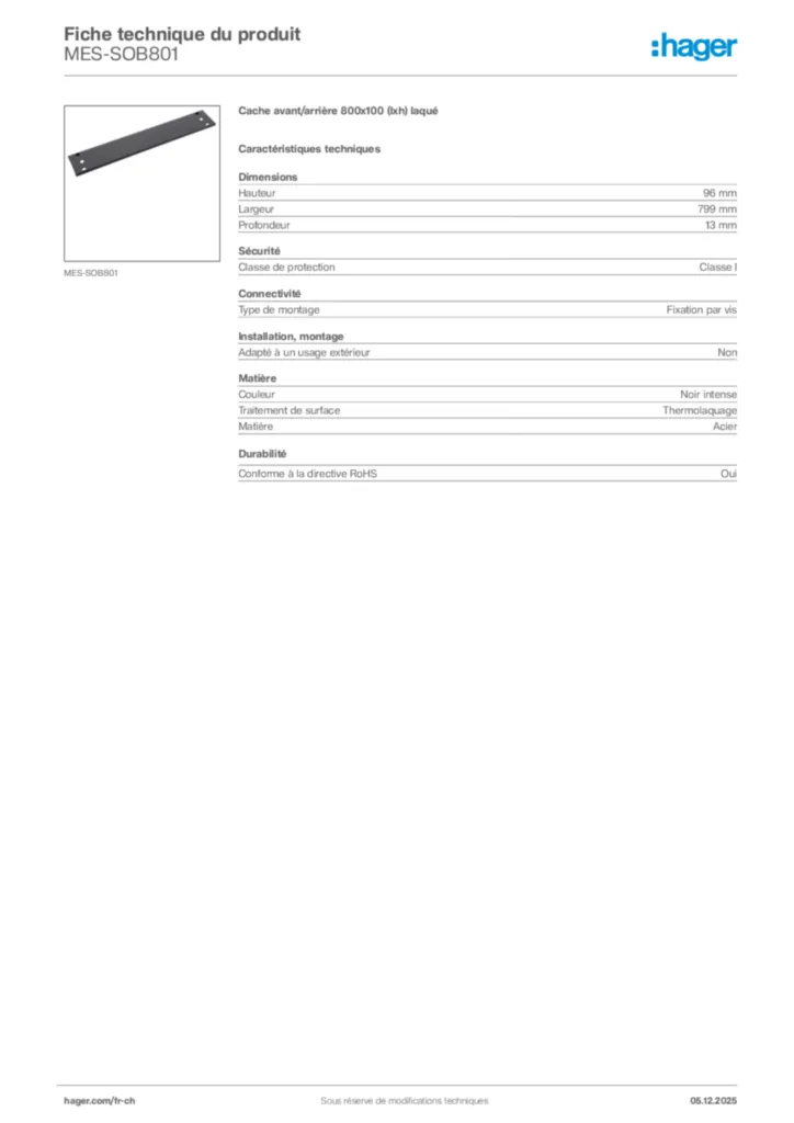 Image Hager Fiche technique du produit MES-SOB801 | Hager Suisse