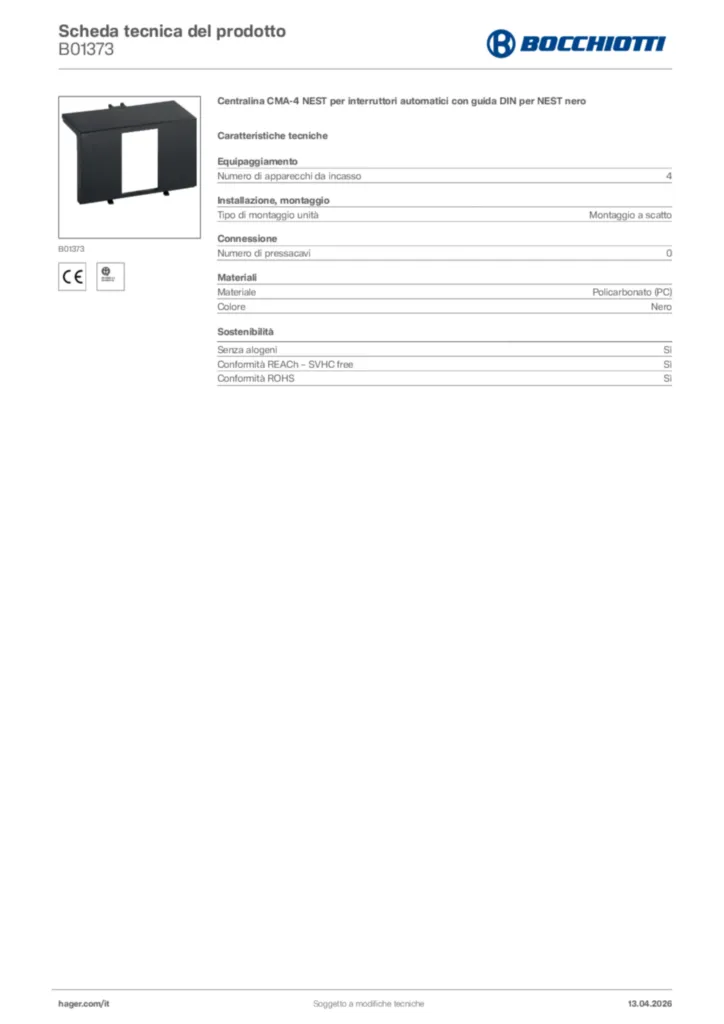Immagine Bocchiotti Scheda tecnica del prodotto B01373 | Hager Italia
