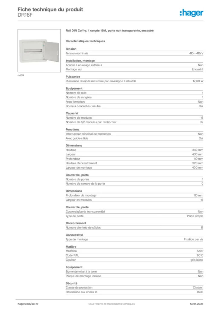 Image Hager Fiche technique du produit DR16F | Hager Afrique