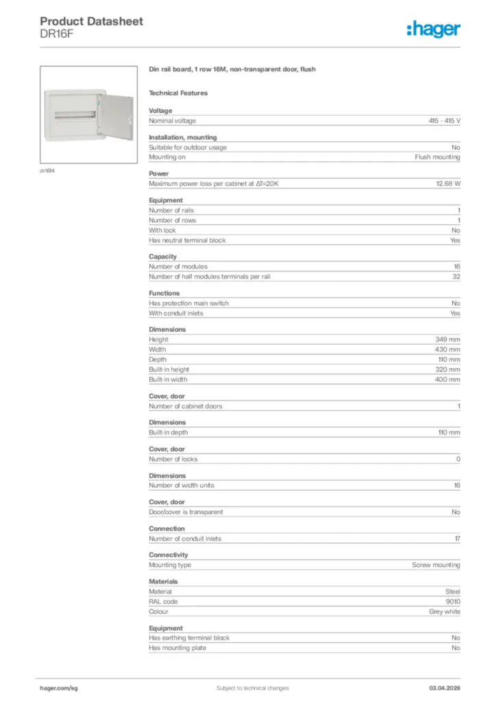 Image Hager Product data sheet DR16F  | Hager