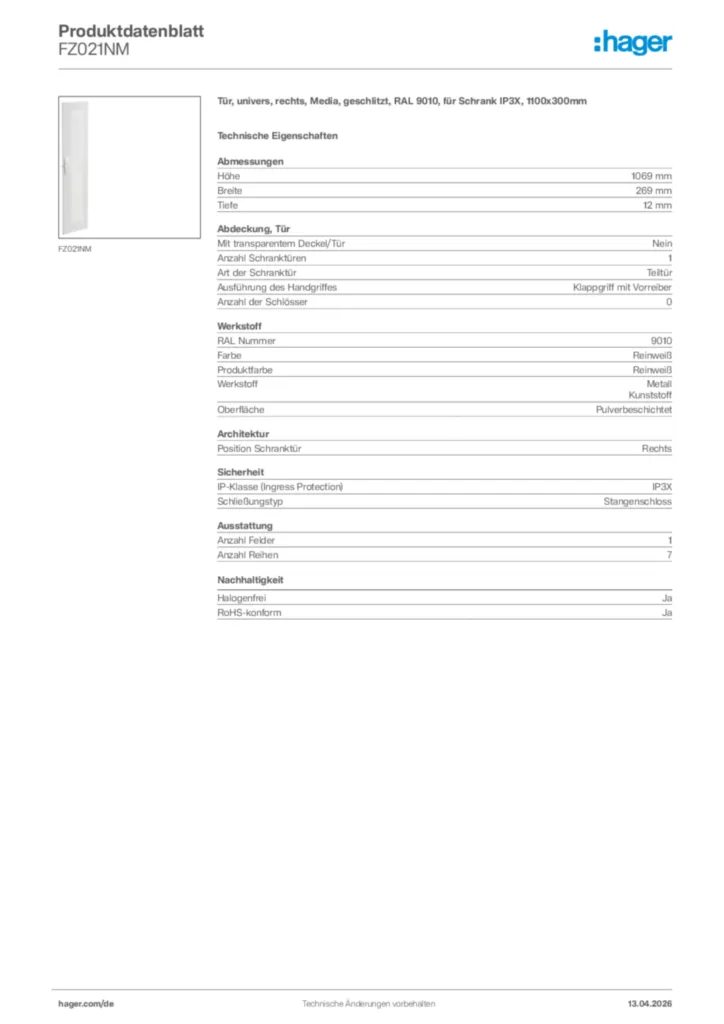 Bild Hager Produktdatenblatt FZ021NM | Hager Deutschland