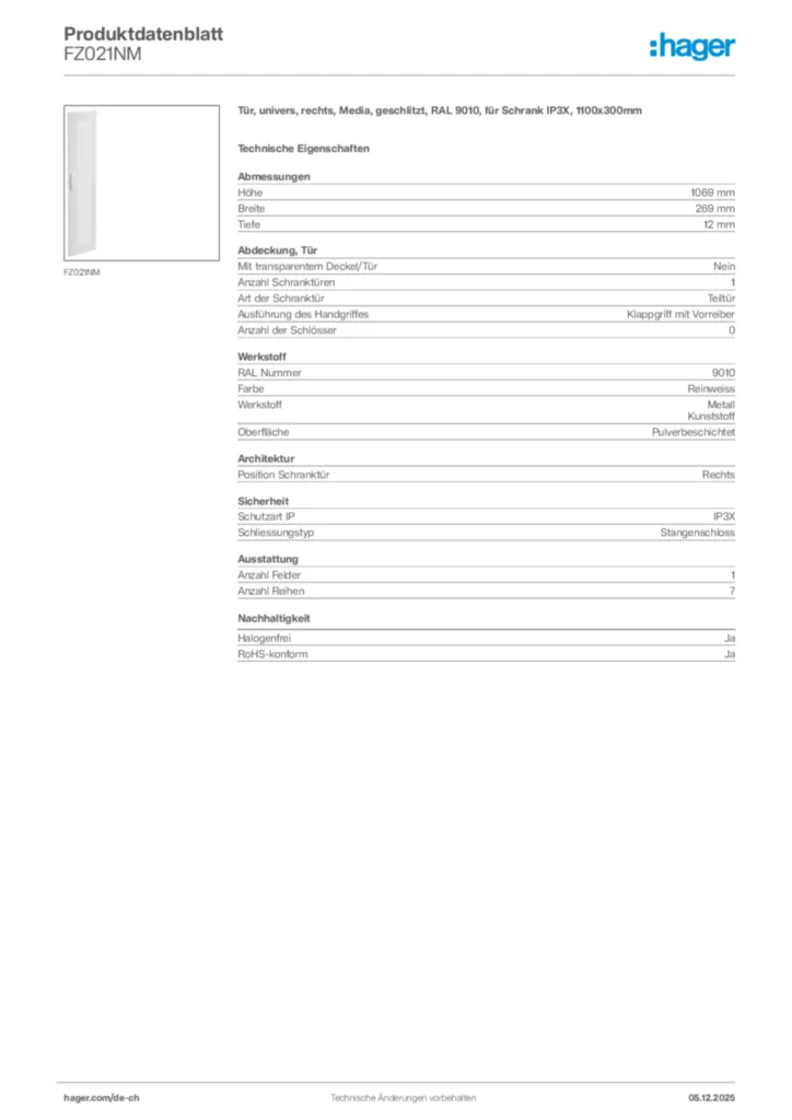 Bild Hager Produktdatenblatt FZ021NM | Hager Schweiz