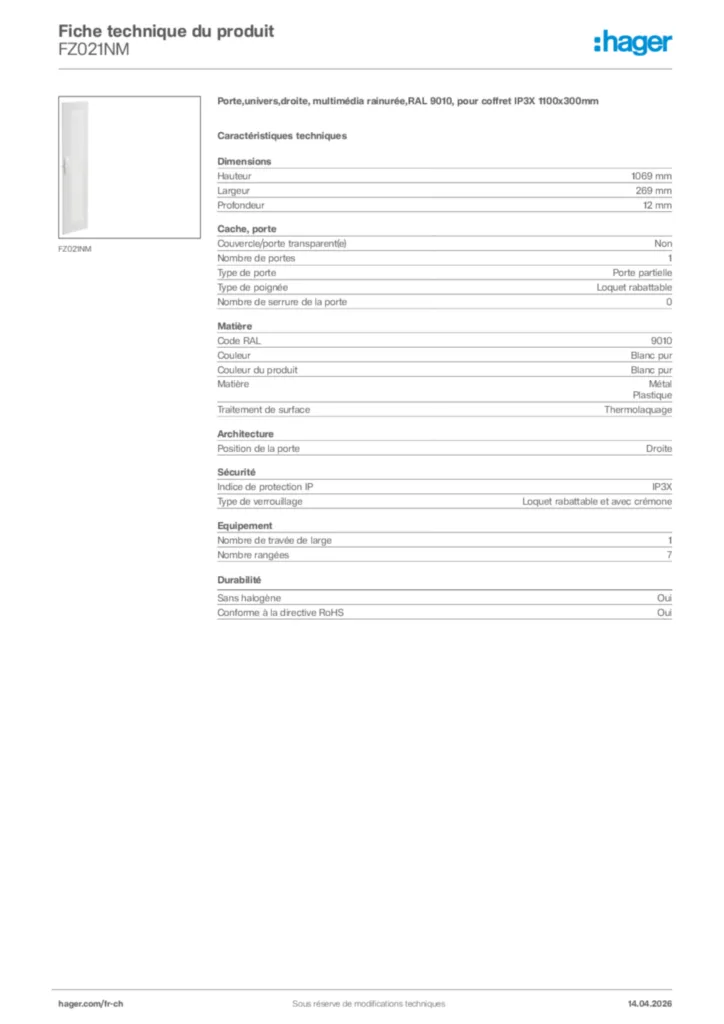 Image Hager Fiche technique du produit FZ021NM | Hager Suisse
