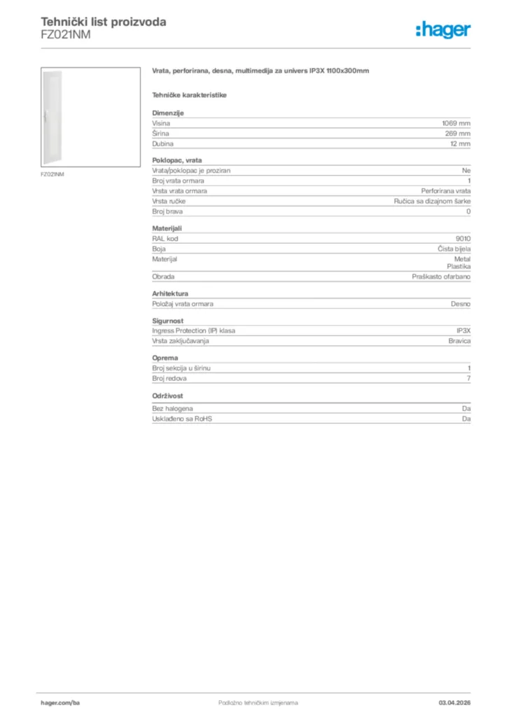Slika Hager Tehnički list proizvoda FZ021NM  | Hager