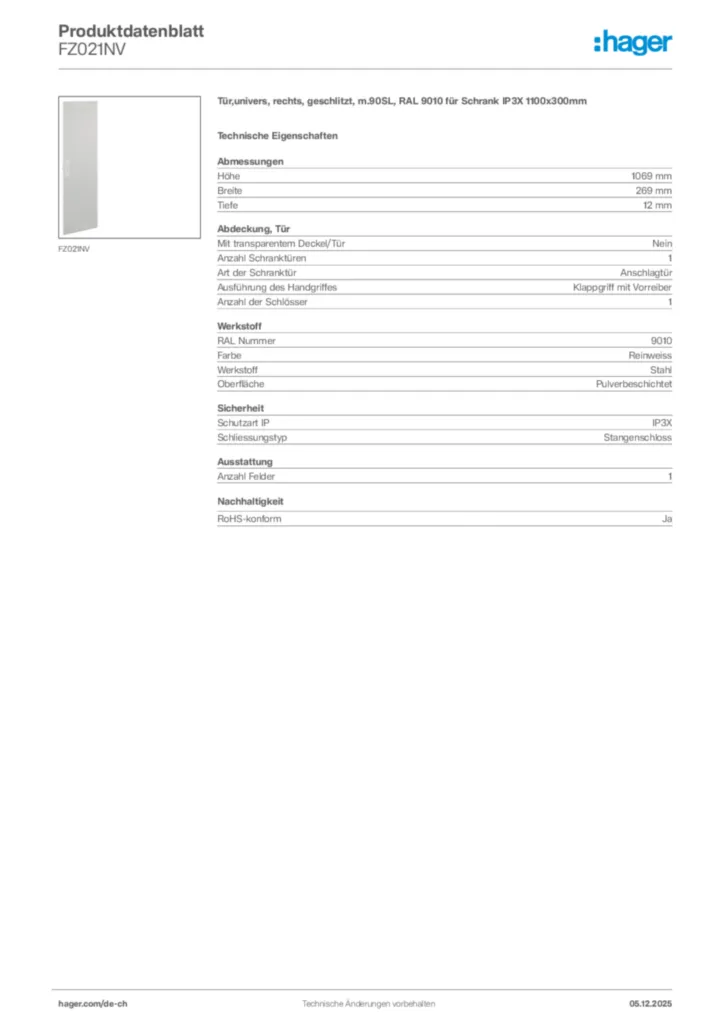Bild Hager Produktdatenblatt FZ021NV | Hager Schweiz