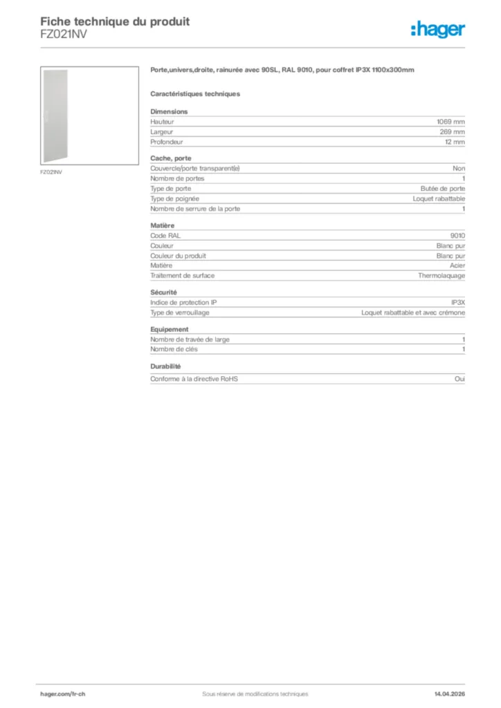 Image Hager Fiche technique du produit FZ021NV | Hager Suisse