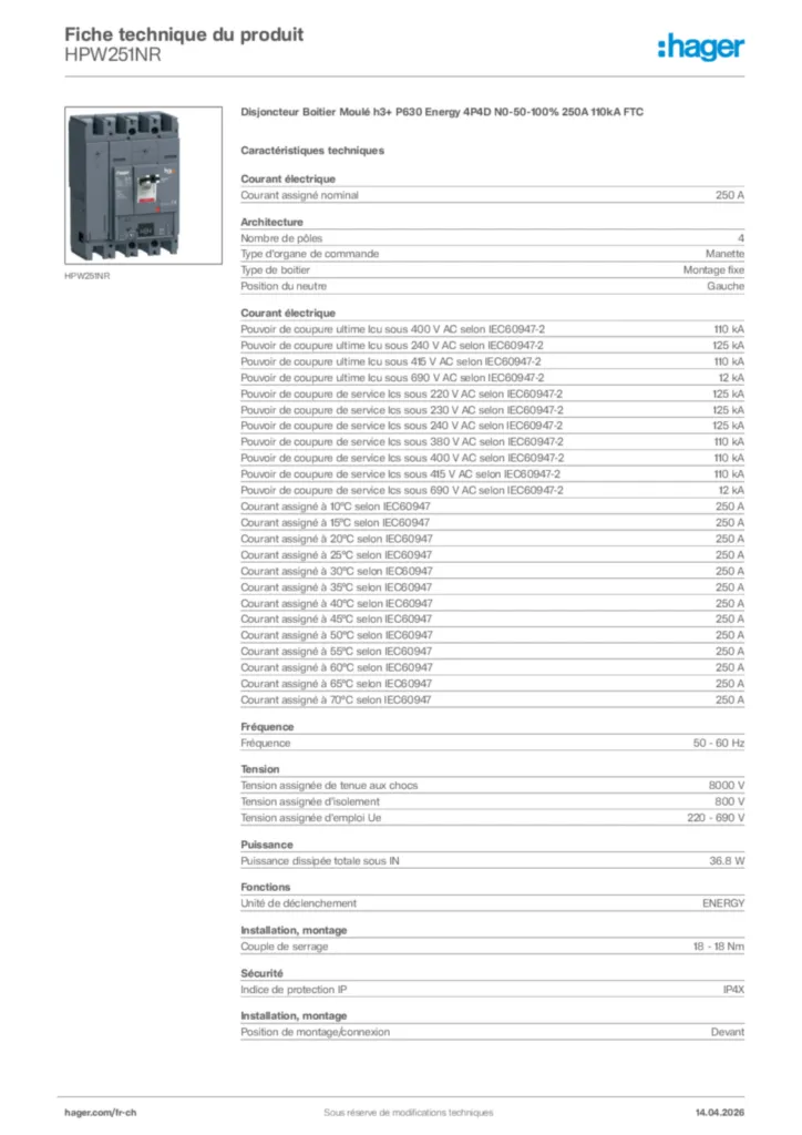 Image Hager Fiche technique du produit HPW251NR | Hager Suisse