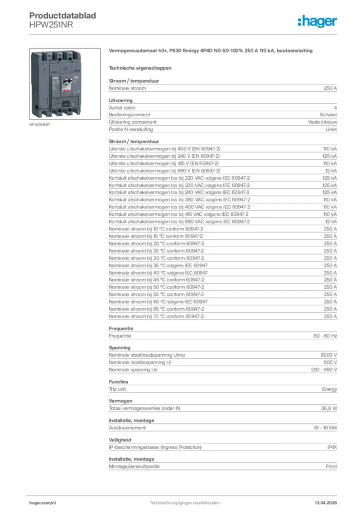 Afbeelding Hager Productdatablad HPW251NR | Hager Nederland