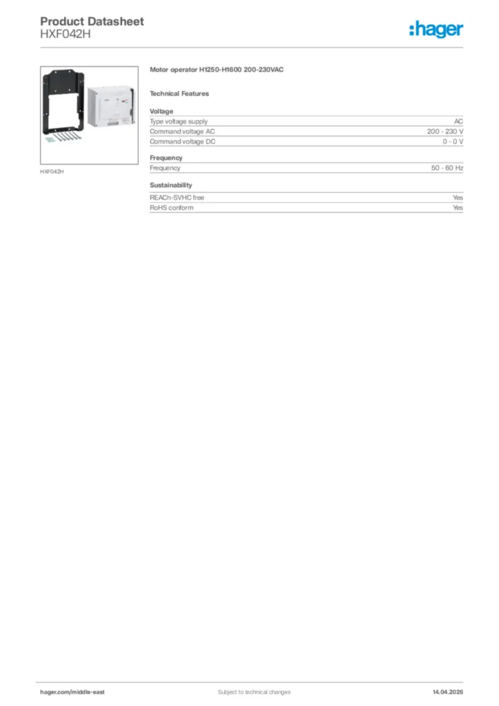Image Hager Product data sheet HXF042H  | Hager