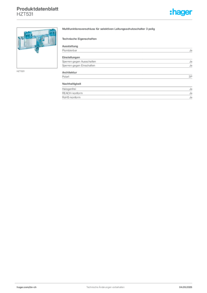 Bild Hager Produktdatenblatt HZT531 | Hager Schweiz