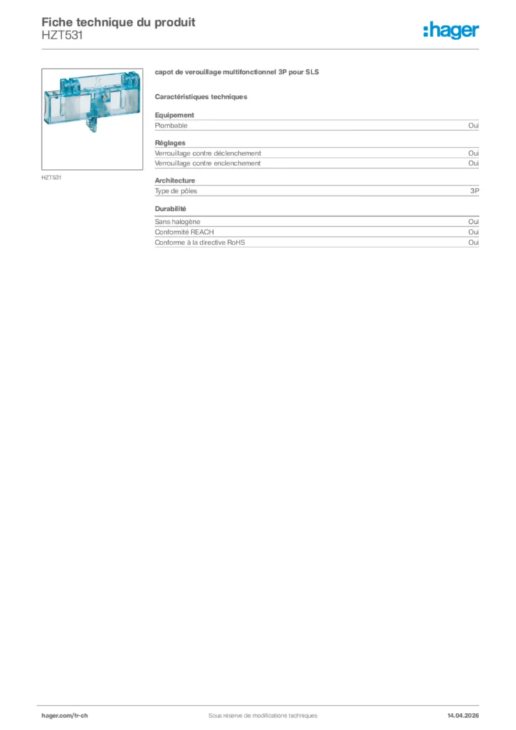 Image Hager Fiche technique du produit HZT531 | Hager Suisse