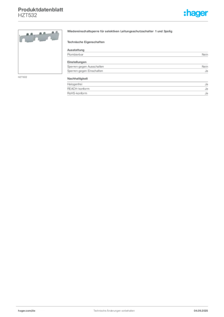 Bild Hager Produktdatenblatt HZT532 | Hager Deutschland