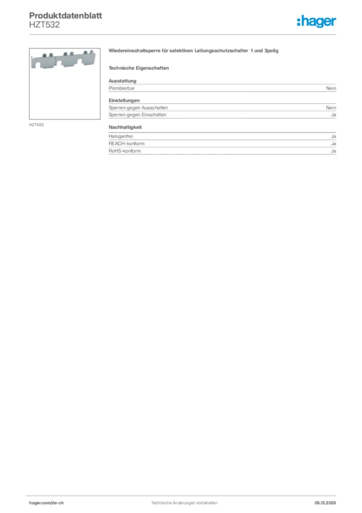 Bild Hager Produktdatenblatt HZT532 | Hager Schweiz