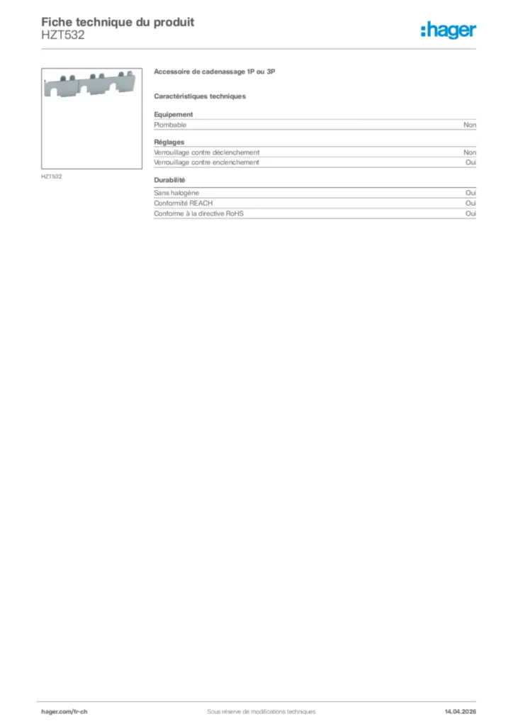 Image Hager Fiche technique du produit HZT532 | Hager Suisse