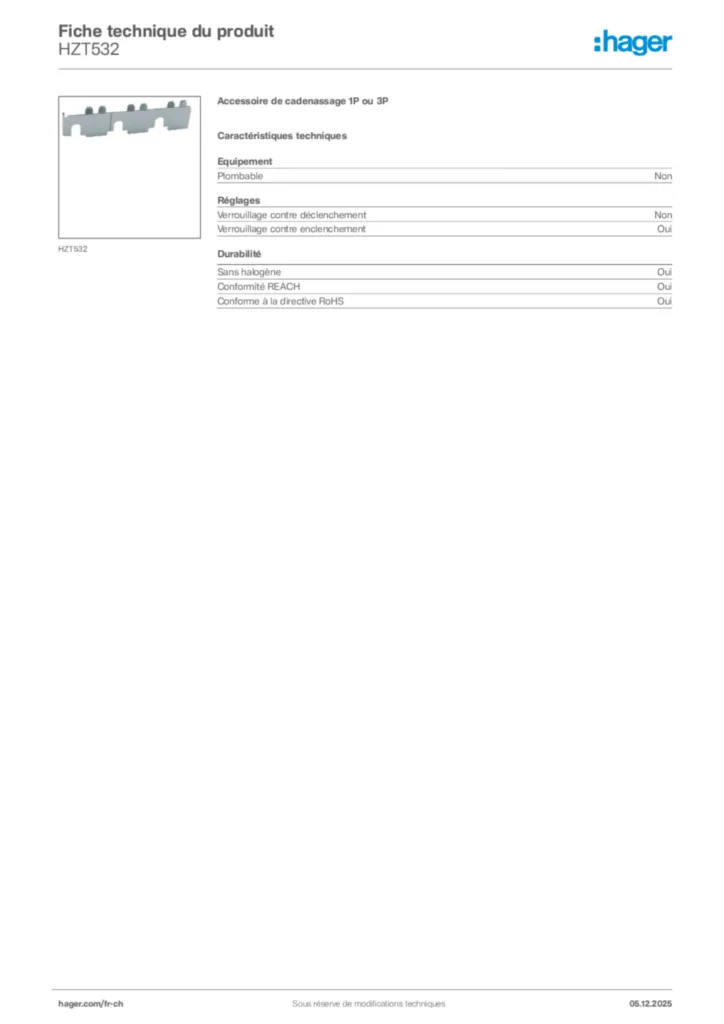 Image Hager Fiche technique du produit HZT532 | Hager Suisse