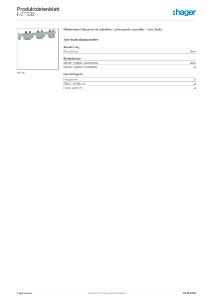 Bild Hager Produktdatenblatt HZT532 | Hager Deutschland