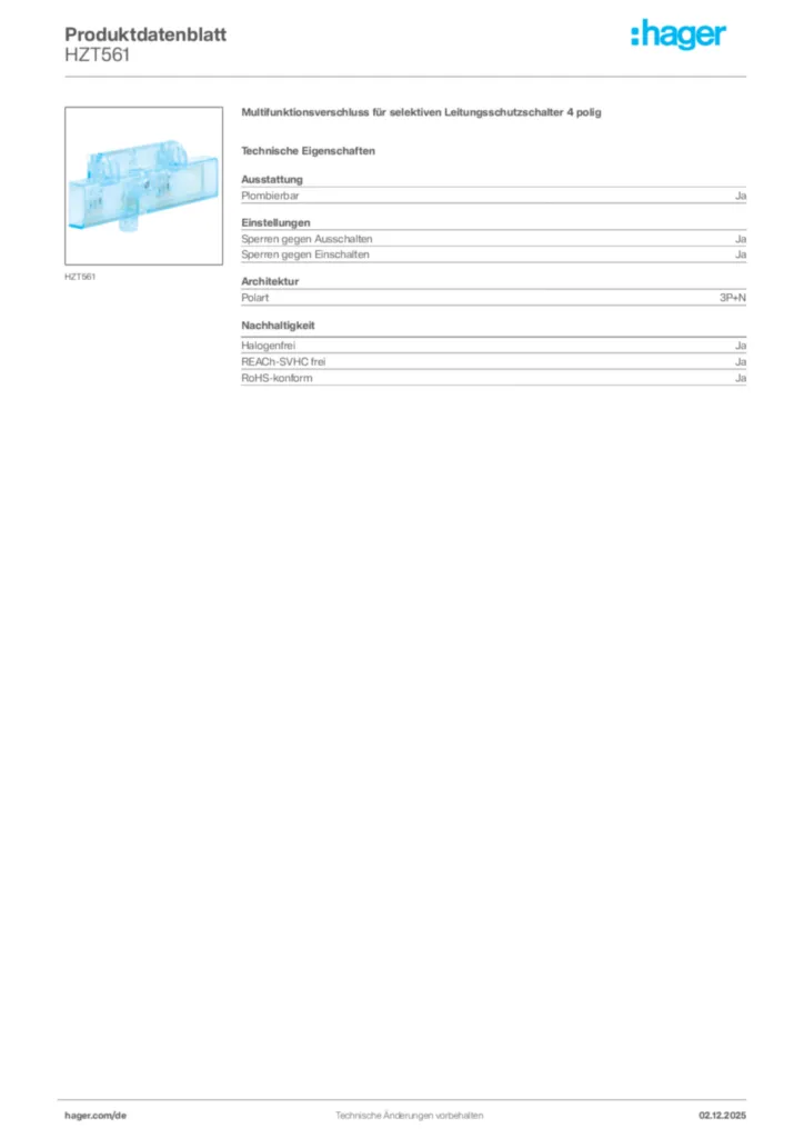 Bild Hager Produktdatenblatt HZT561 | Hager Deutschland