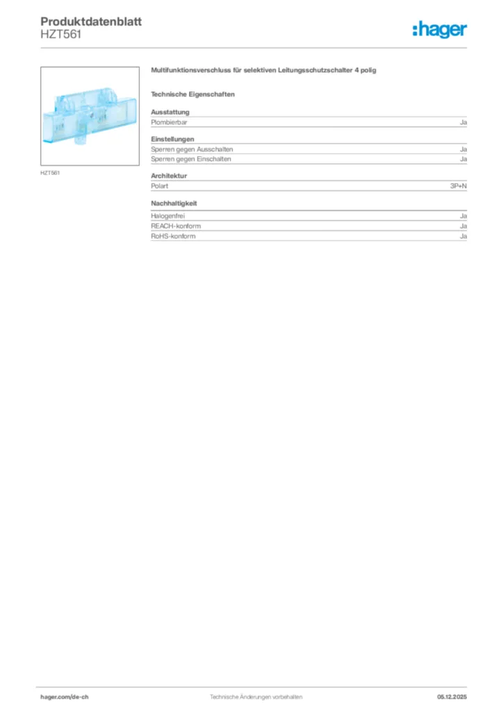 Bild Hager Produktdatenblatt HZT561 | Hager Schweiz