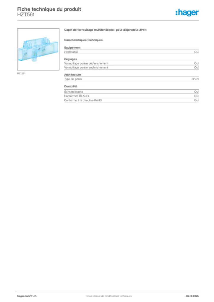 Image Hager Fiche technique du produit HZT561 | Hager Suisse