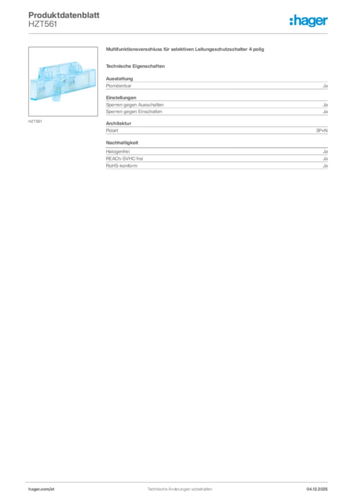 Bild Hager Produktdatenblatt HZT561 | Hager Deutschland