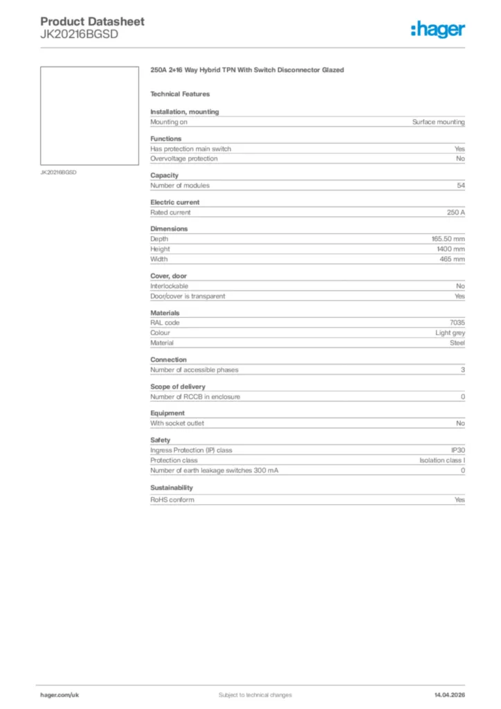 Image Hager Product data sheet JK20216BGSD  | Hager