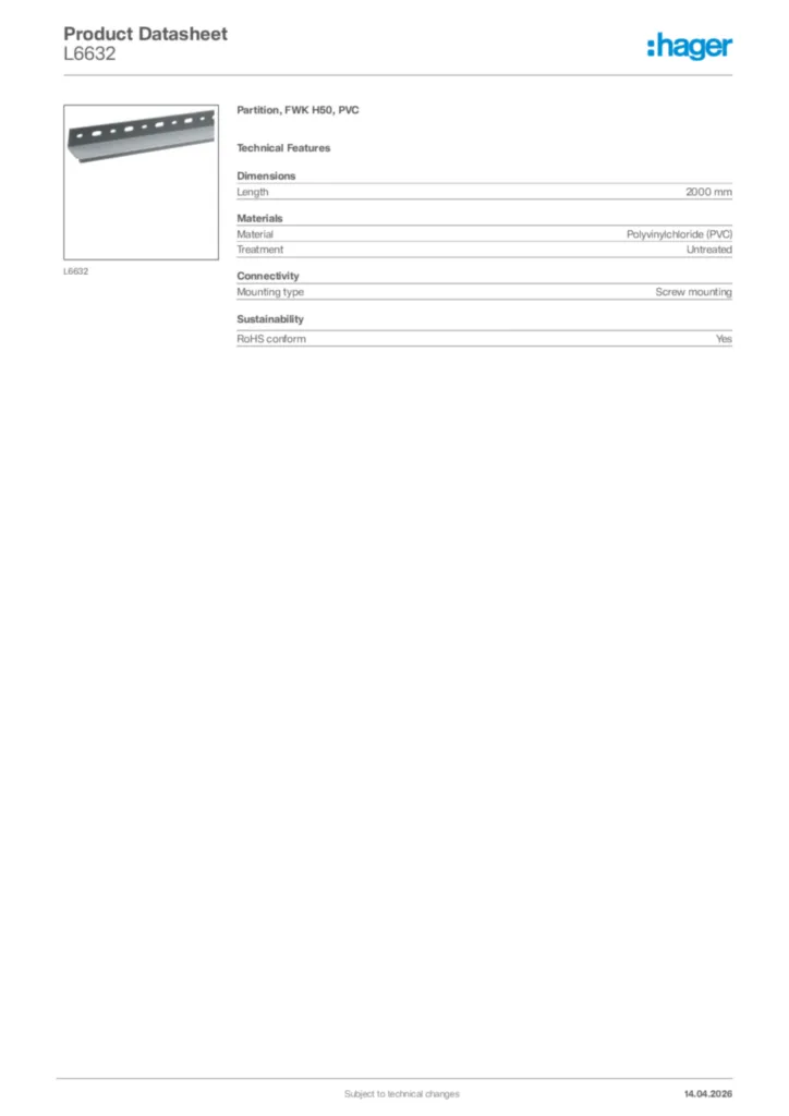 Image Hager Product data sheet L6632  | Hager Africa
