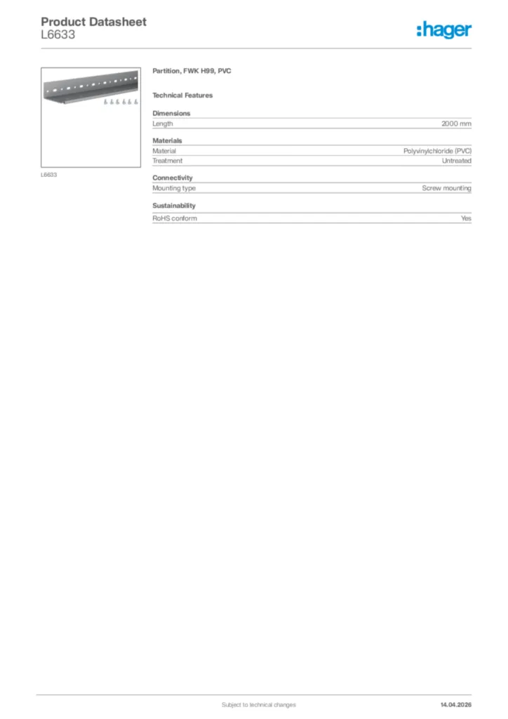 Image Hager Product data sheet L6633  | Hager Africa