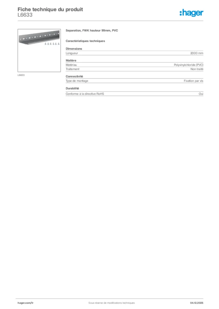 Image Hager Fiche technique du produit L6633 | Hager France