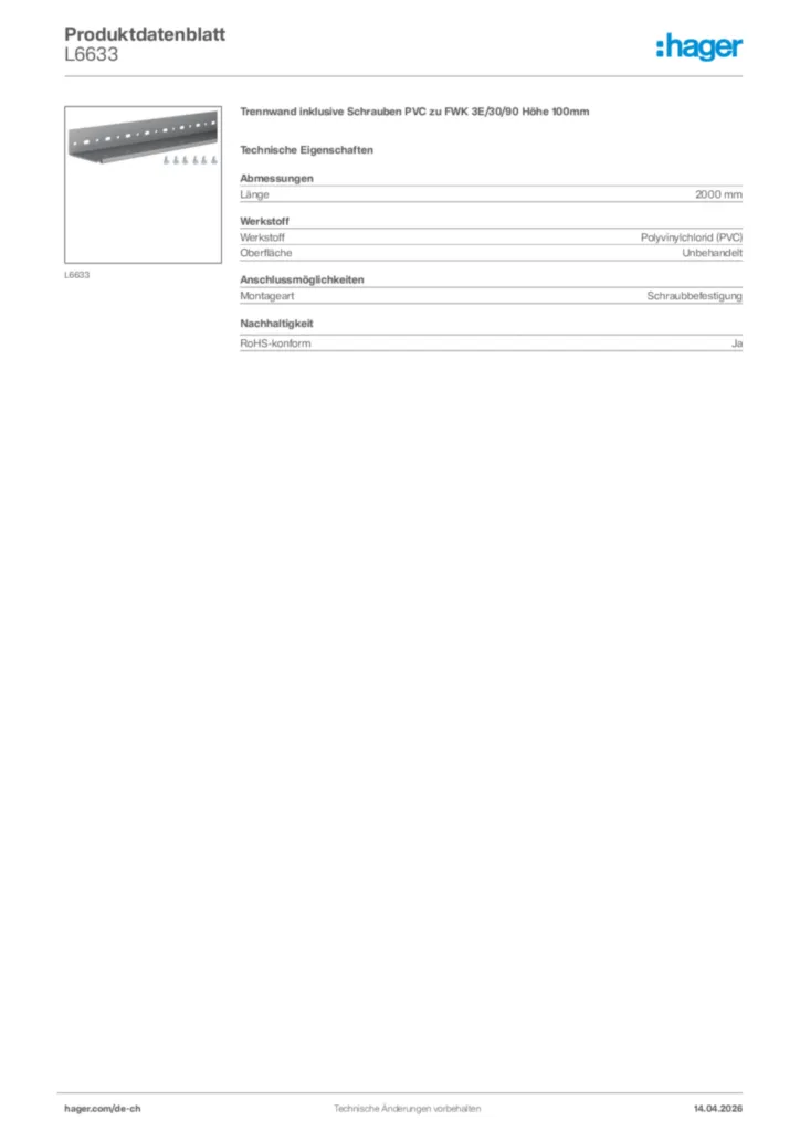 Bild Hager Produktdatenblatt L6633 | Hager Schweiz