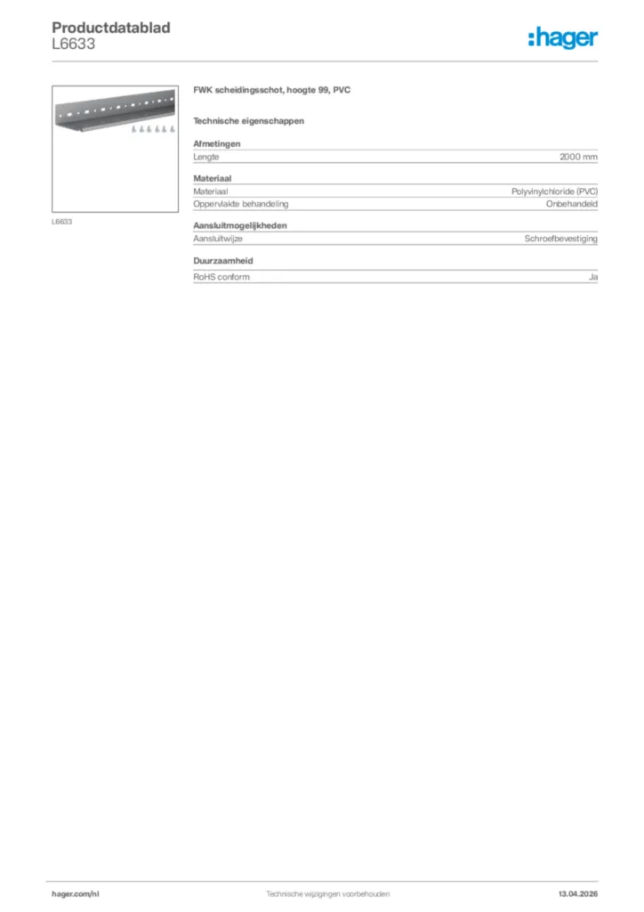 Afbeelding Hager Productdatablad L6633 | Hager Nederland