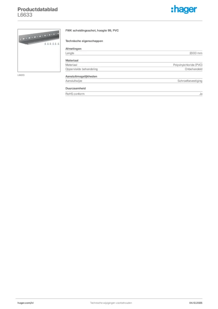 Afbeelding Hager Productdatablad L6633 | Hager Nederland