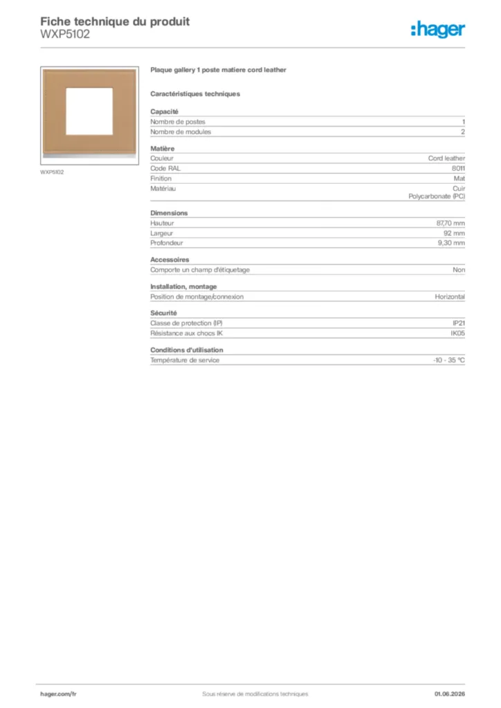 Image Hager Fiche technique du produit WXP5102 | Hager France