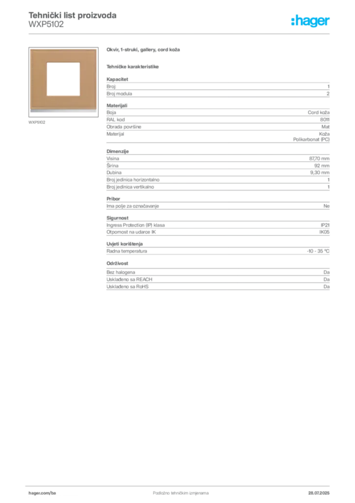 Slika Hager Product data sheet WXP5102  | Hager