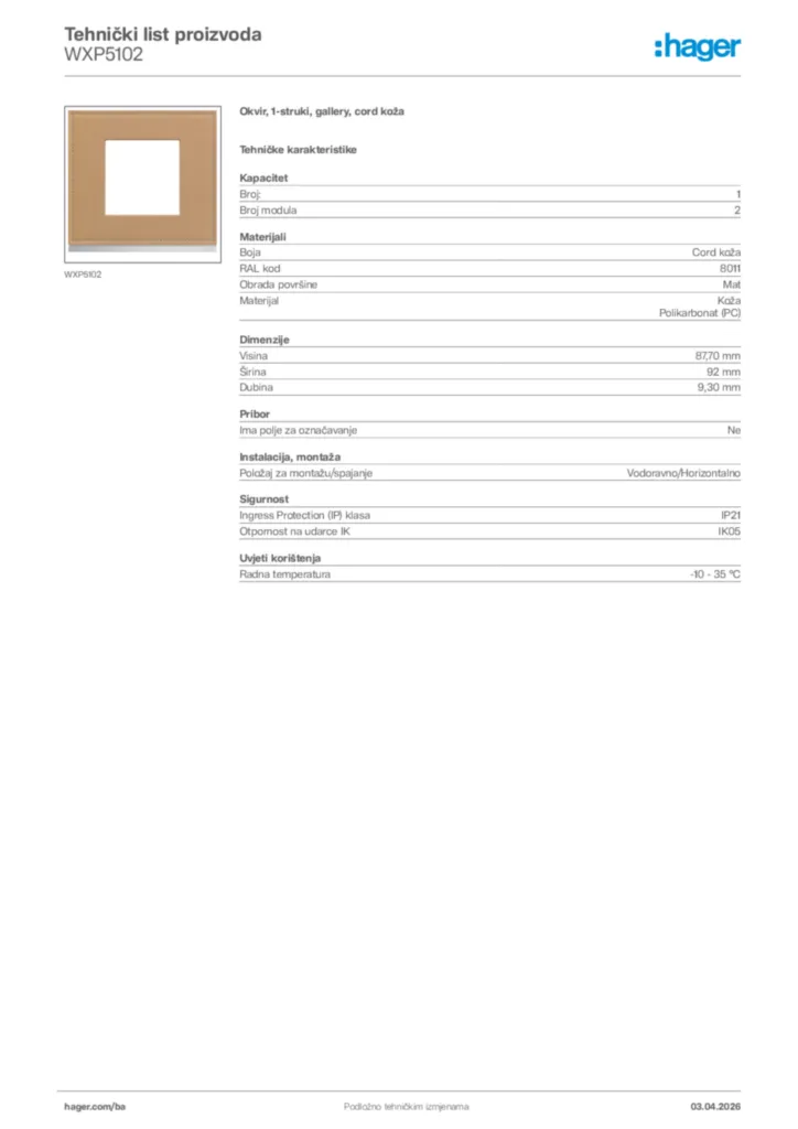Slika Hager Tehnički list proizvoda WXP5102  | Hager