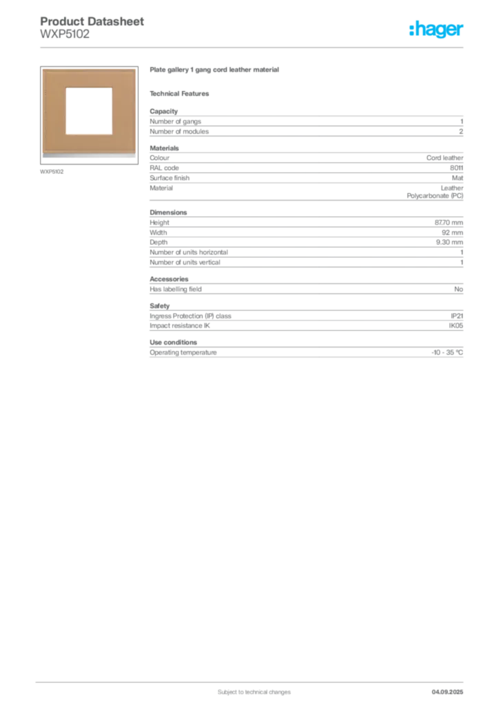 Image Hager Product data sheet WXP5102  | Hager