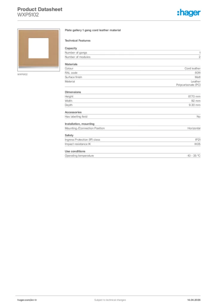 Image Hager Product data sheet WXP5102  | Hager
