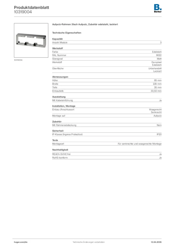 Bild Berker Produktdatenblatt 10319004 | Hager Deutschland