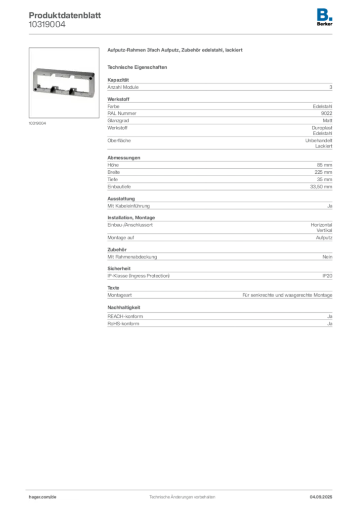 Bild Berker Produktdatenblatt 10319004 | Hager Deutschland