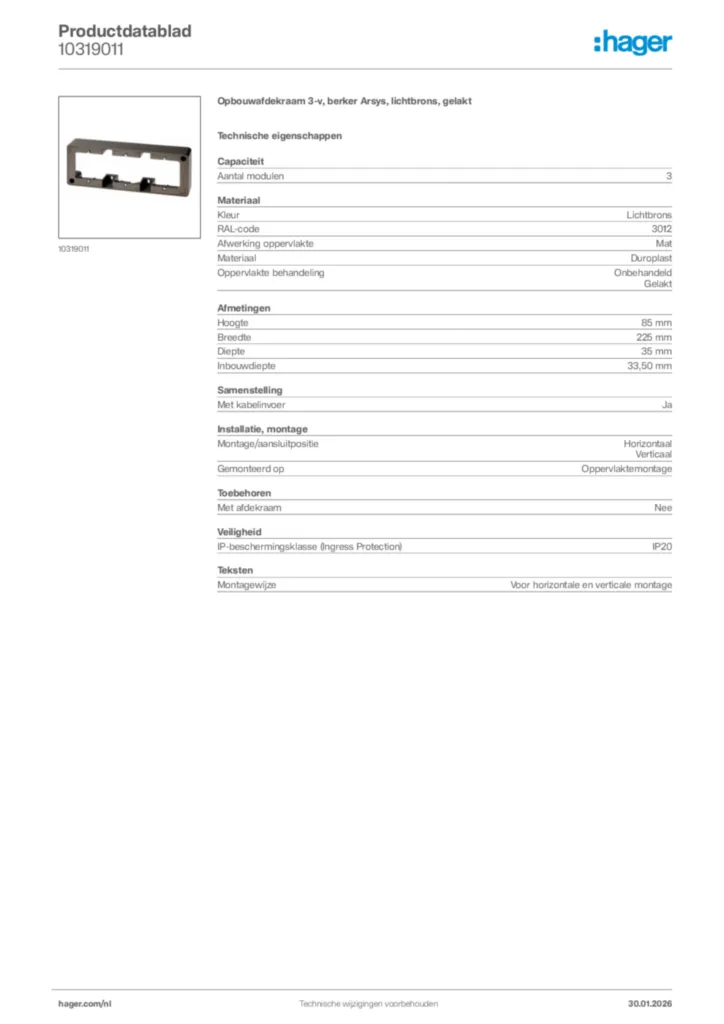 Afbeelding Hager Productdatablad 10319011 | Hager Nederland