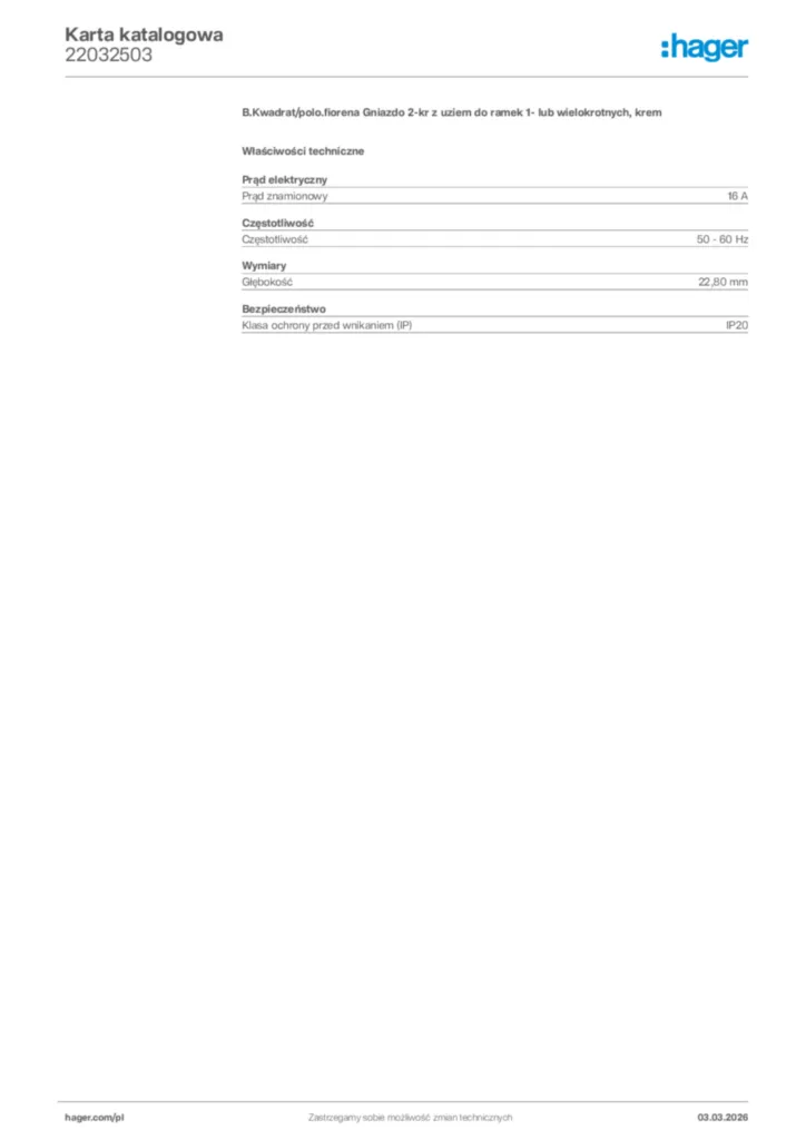 Zdjęcie Hager Karta katalogowa 22032503 | Hager Polska