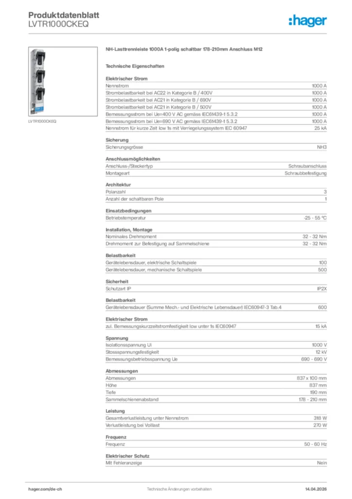 Bild Hager Produktdatenblatt LVTR1000CKEQ | Hager Schweiz