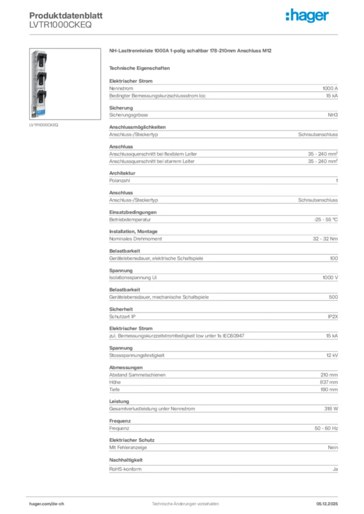 Bild Hager Produktdatenblatt LVTR1000CKEQ | Hager Schweiz