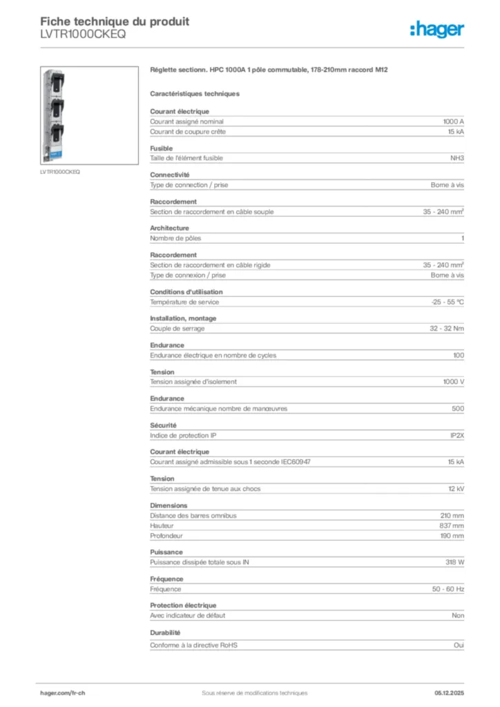 Image Hager Fiche technique du produit LVTR1000CKEQ | Hager Suisse