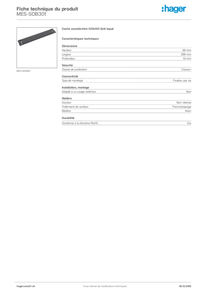 Image Hager Fiche technique du produit MES-SOB301 | Hager Suisse