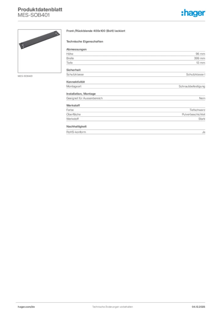 Bild Hager Produktdatenblatt MES-SOB401 | Hager Deutschland