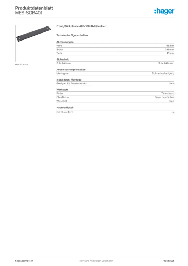 Bild Hager Produktdatenblatt MES-SOB401 | Hager Schweiz