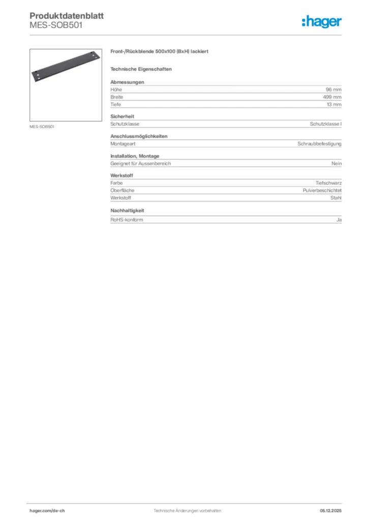 Bild Hager Produktdatenblatt MES-SOB501 | Hager Schweiz