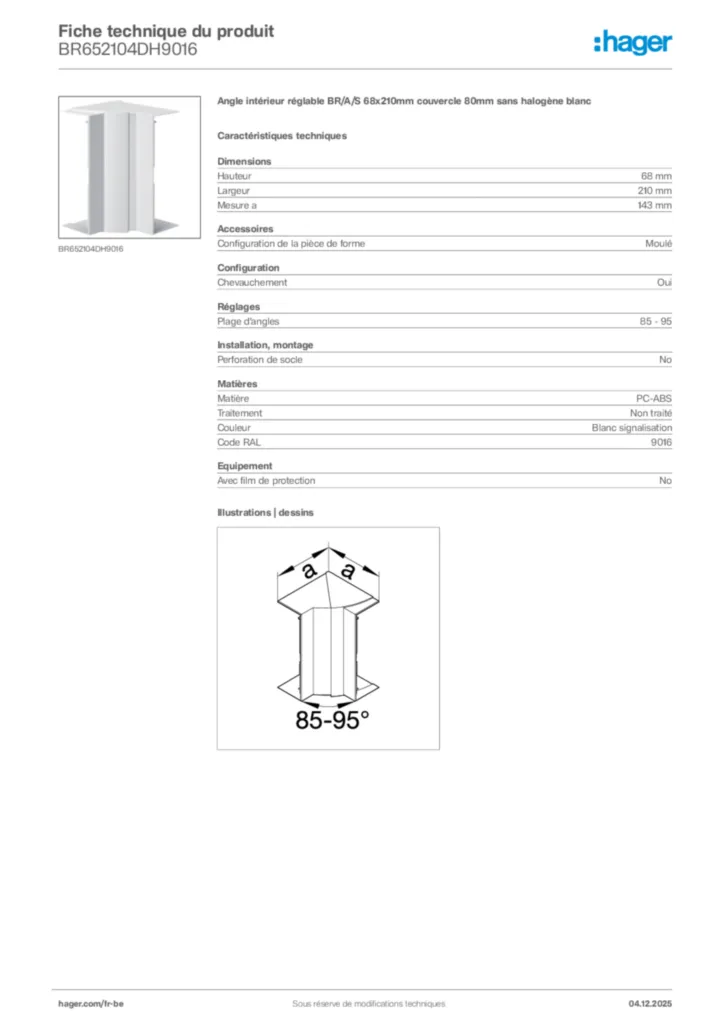 Image Hager Fiche technique du produit BR652104DH9016 | Hager Belgique