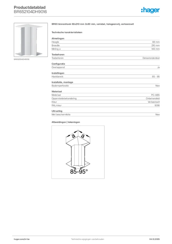 Afbeelding Hager Productdatablad BR652104DH9016 | Hager Belgium